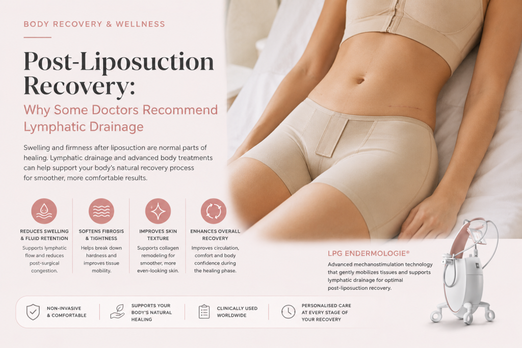 Woman in post-surgery compression wear resting during post-liposuction recovery treatment beside LPG Endermologie lymphatic drainage device.