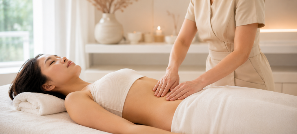 Female client relaxing on a treatment bed in a premium wellness clinic while a therapist gently examines the abdominal area during post-surgical recovery support. Bright, calming spa environment with soft natural light and a professional, non-invasive care setting.