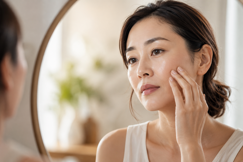 Woman in her 40s gently touching her cheek while examining her skin in soft natural light, symbolising skin renewal, radiance and changing skin quality with age.