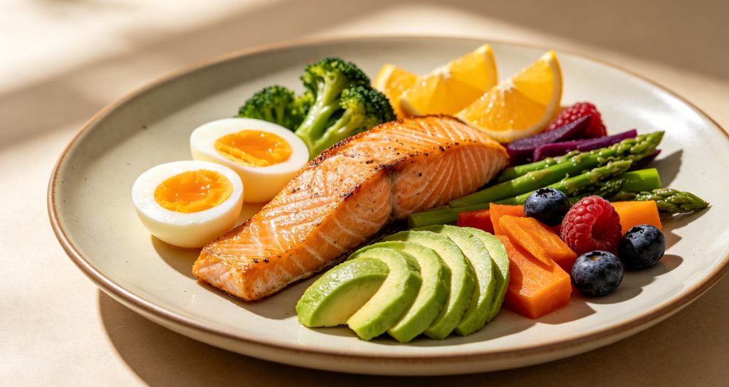 Close-up of a beautifully arranged recovery meal featuring grilled salmon, eggs, avocado, colourful vegetables, berries and citrus fruits on an elegant ceramic plate.