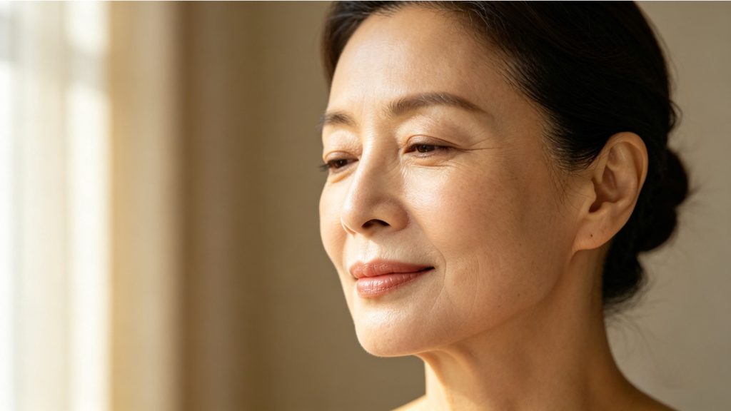 Close-up beauty portrait of an Asian woman in her early 50s with naturally radiant healthy skin, lit by soft warm natural window light; calm confident expression, realistic skin texture including fine lines and pores, neutral beige background, editorial wellness photography style, 16:9 aspect ratio