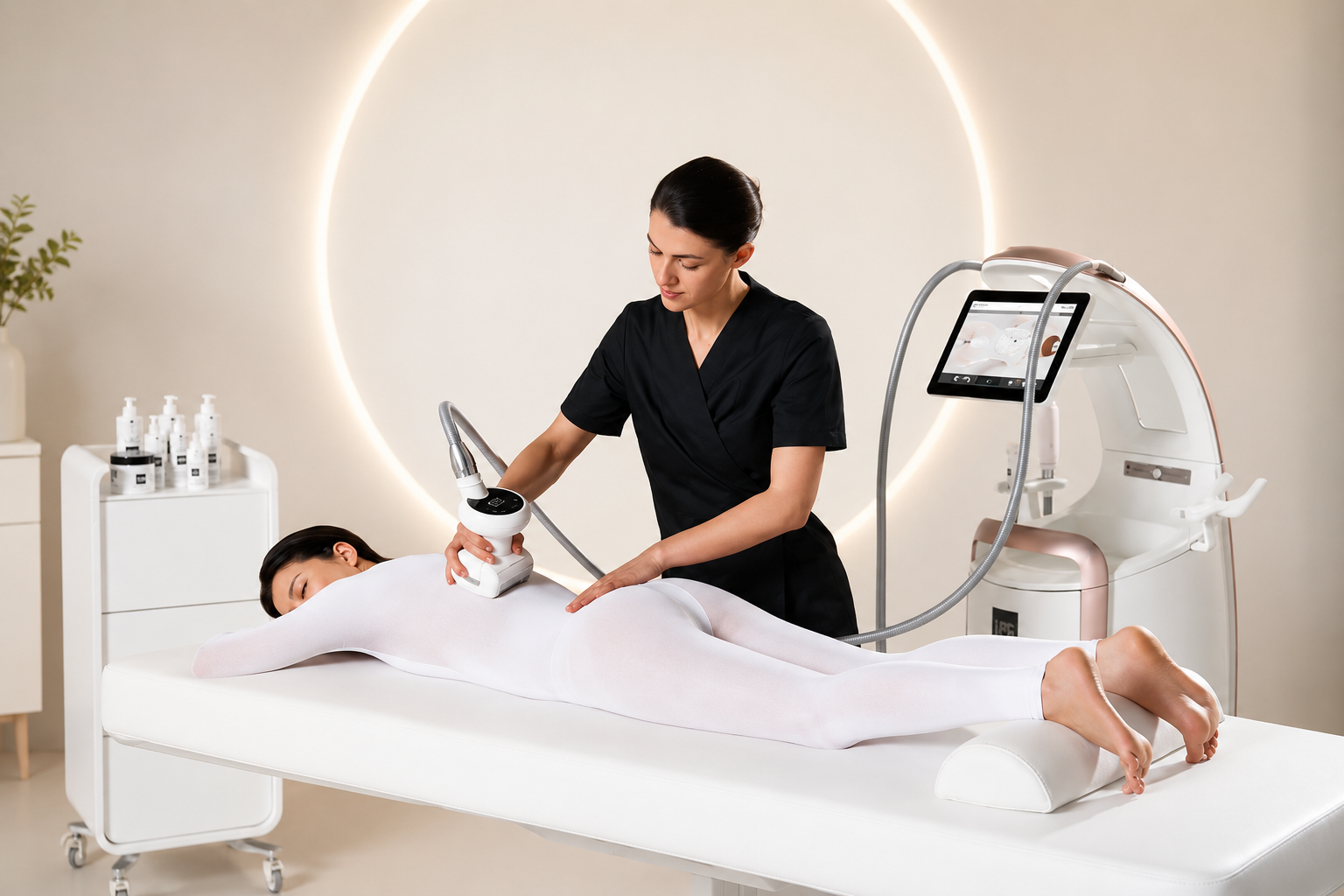 Therapist performing an LPG Endermologie treatment to support post-liposuction recovery, tissue mobility and lymphatic drainage in a wellness clinic.