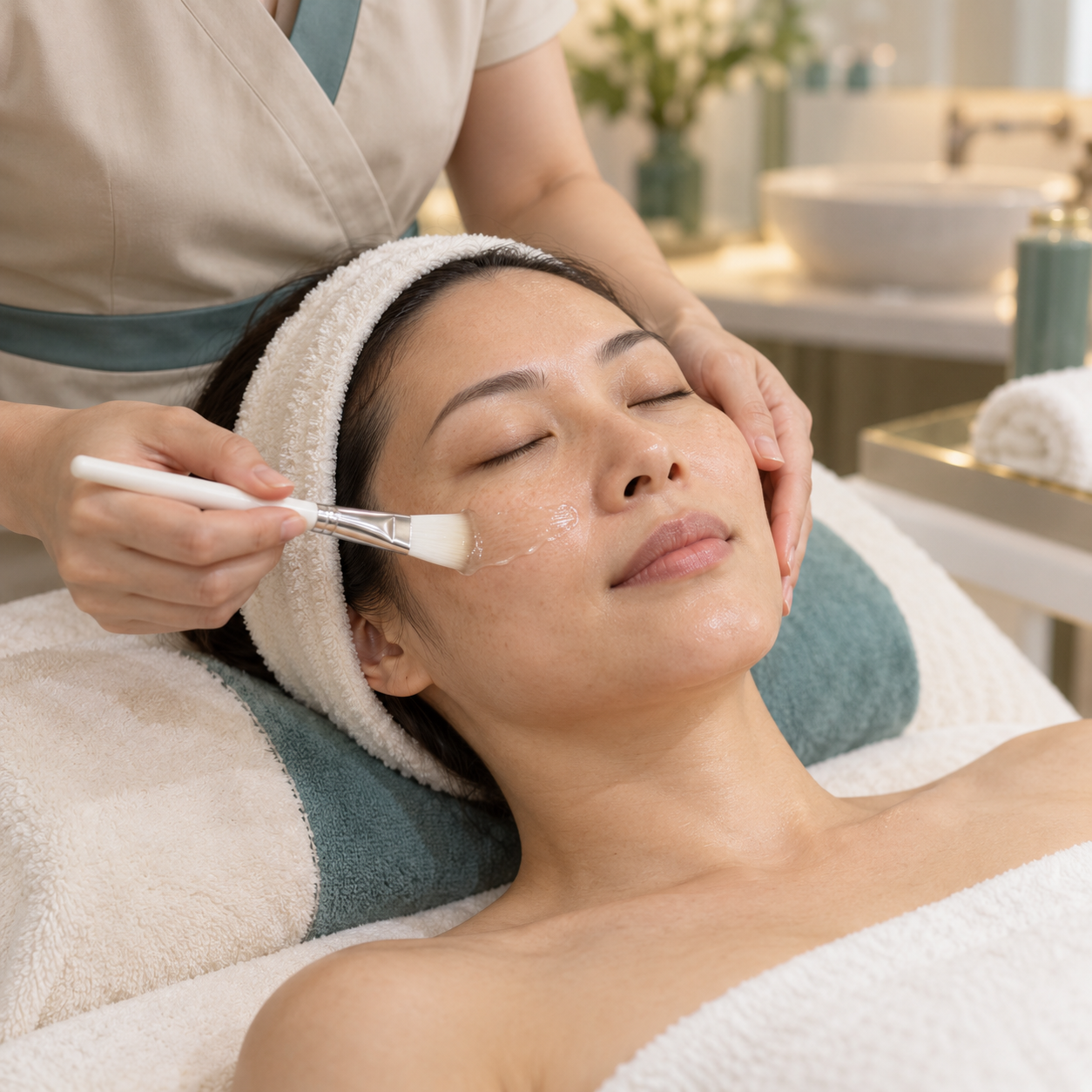 Asian woman receiving a professional SpotSolutions brightening facial at Chez Moi de Beaute Singapore.